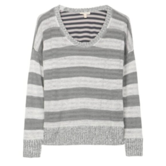 Eileen Fisher - Coastal Beach Asthetic 2 Layer Linen Strip Top, Grey White Med - Picture 1 of 9